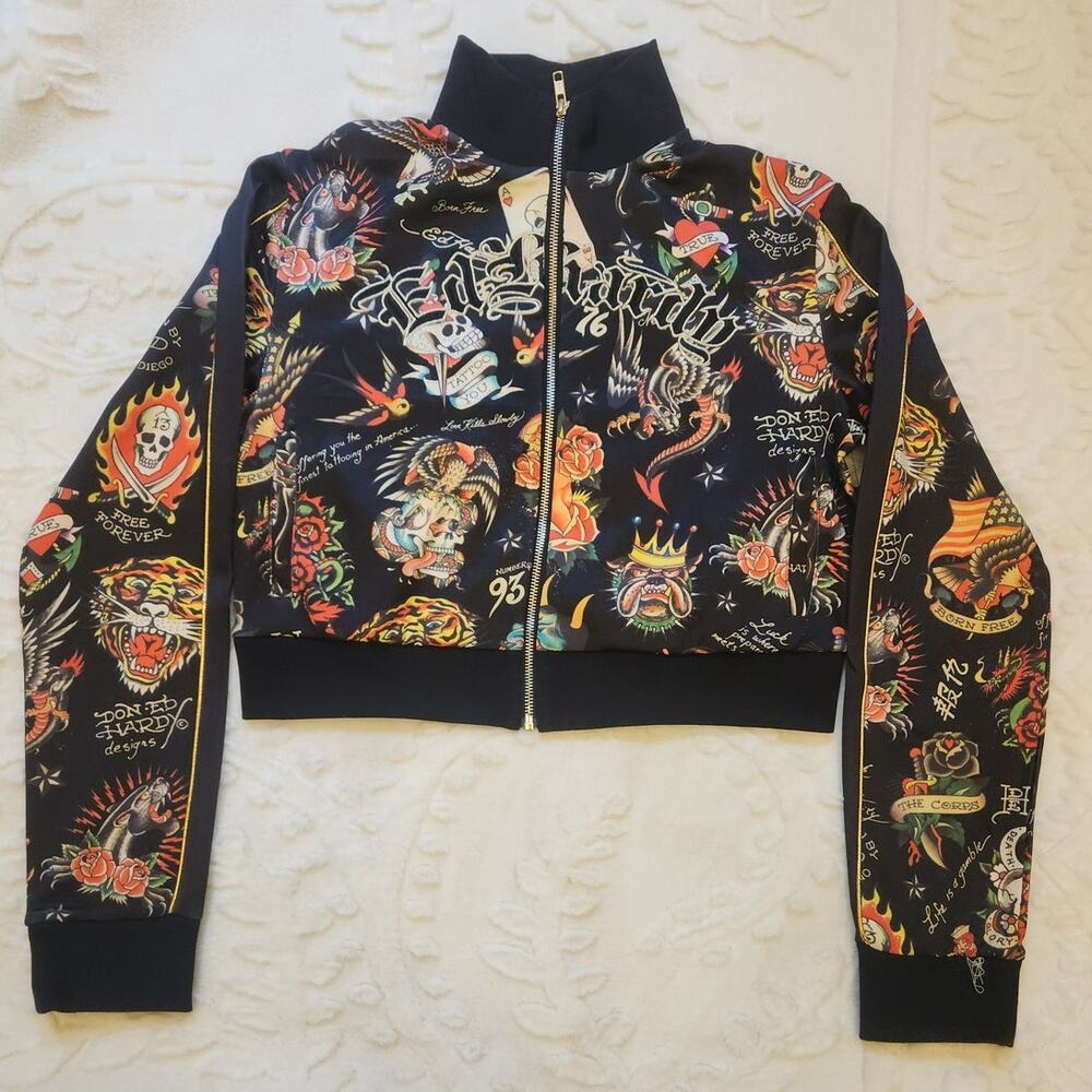 NWT Ed Hardy Casual Crop All Over Tattoo Zip Track Bomber Jacket Size Large